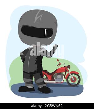 Biker-Cartoon. Abbildung für Kinder. Winkende Hand. Sportuniform und Helm. Cooles Motorrad. Chopper Bike. Witziger Motorradfahrer. Isoliert auf Weiß Stock Vektor