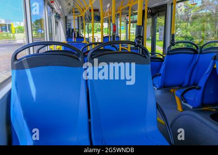 Leere blaue Sitze in Nahaufnahme eines Busses. Öffentliche Nahverkehrsmittel Stockfoto
