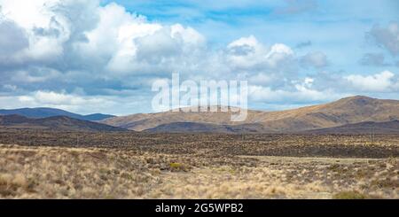 Blick auf ausgedehntes und leeres Land entlang des Volcanic Loop Hwy im Waiouru Military Area, Manawatu-Wanganui, Neuseeland. Stockfoto