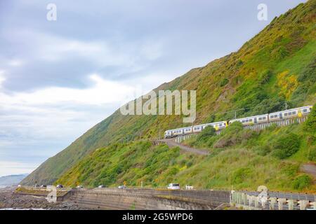 Blick auf Kapiti Island vom Parkplatz am Te Araroa Bypass Rastplatz, Paekakariki Hill, Wellington, Neuseeland Stockfoto