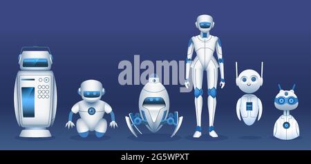 Robotercharaktere. Cartoon futuristische Roboter, Androiden, Cyborgs und Bots. IT Zukunft Technologie Maskottchen, Spaß digitalen ai Assistenten Vektor-Set Stock Vektor
