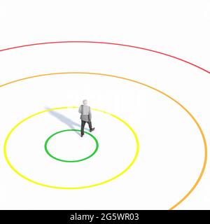 Geschäftsmann geht aus seiner Komfortzone. 3d-Rendering von Bildern und Modellen. Stockfoto