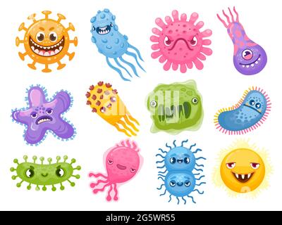 Cartoon-Viren. Keim und Bakterien mit bösen Gesichtern. Schlechter Erreger-Mikrobencharakter. Coronavirus und Grippe-Krankheit Bakterium Monster Vektor-Set Stock Vektor