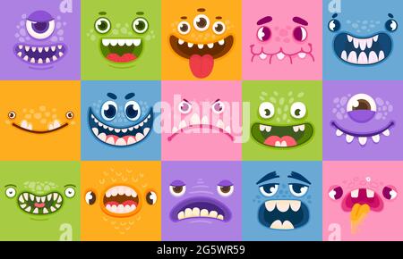 Monster Gesichter. Lustige Cartoon Monster Köpfe, Augen und Mund. Beängstigende Charaktere für Kinder. Halloween Monster oder Aliens Emotionen Vektor-Set Stock Vektor
