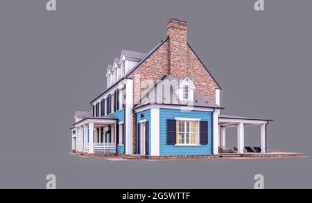 3d-Wiedergabe von modernen gemütlichen klassischen Haus im Kolonialstil mit Garage und Pool zum Verkauf oder zur Miete am Abend. Isoliert auf Grau. Stockfoto