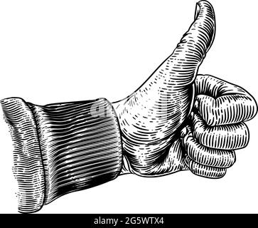 Daumen hoch, Zeichen Hand Retro Vintage Holzschnitt Stock Vektor