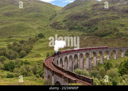 JACOBITE DAMPFZUG GLENFINNAN VIADUKT SCHOTTLAND DER ZUG UND DER KAMIN RAUCHEN IM FRÜHSOMMER Stockfoto