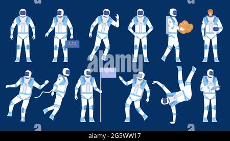 Astronautposen. Spaceman Tänzer, stehen mit Flagge, schweben im Raum. Flacher Charakter in Kosmonauten-Anzug und Helm. Kosmische Forscher Vektorset Stock Vektor