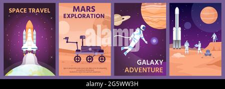 Poster „Space Exploring“. Galaxienlandschaft mit Rakete, Planeten und Astronaut. Mars-Rover auf der Planetenoberfläche. Banner-Vektor-Set für die kosmische Wissenschaft Stock Vektor