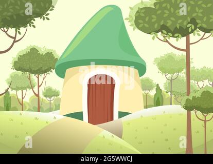 Fabelhaftes lustiges Haus auf der Lichtung. Waldwiesenlandschaft. Hügel und Straße. Wohnung des Gnom. Schöne Cartoon-Illustration. Nettes Baby Bild Stock Vektor