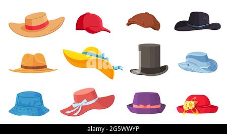 Cartoon-Hüte. Weibliche und männliche Kopfbedeckung, Derby und Cowboy, Strohhut, Mütze, panama und Zylinder. Sommer Frauen Vintage Mode Hüte Vektor-Set Stock Vektor