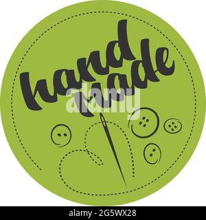 Rundes HANDGEFERTIGTES Logo oder Etikett mit Nadel und herzförmigem Faden, Vektorgrafik Stock Vektor