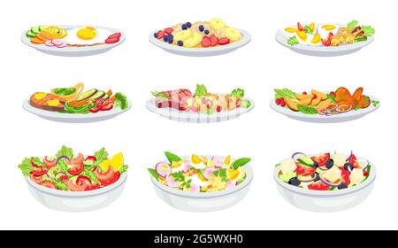 Gesunde Mahlzeit. Frühstück, Mittagessen, Salat und Abendessen. Haferflocken mit Obst. Ausgewogene Ernährung mit Gemüse, Eiern, Fleisch und Meeresfrüchten, Vektor-Set Stock Vektor