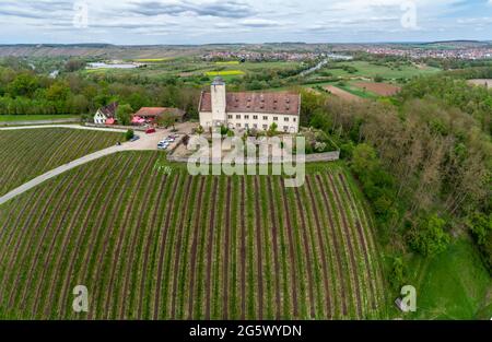 Luftaufnahme von Schloss Hallburg bei Volkach, Hauptfluss im Hintergrund, Deutschland. Stockfoto