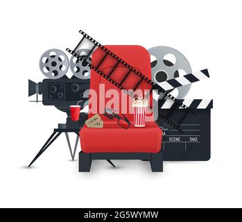 Kinohintergrund. Filmt Industrieobjekte. Tickets, Popcorn, Filmstreifen, 3d-Brille, Filmkamera und Sitze. Stock Vektor