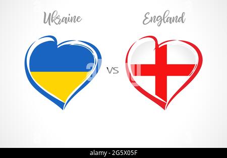 Ukraine gegen England, Flaggen-Embleme. Fußballsymbole der Nationalmannschaft auf blauem Hintergrund. Ukrainische und englische Nationalflagge im Herzen. Vektorgrafik Stock Vektor