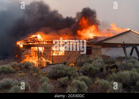 Weed, Kalifornien, USA. Juni 2021. Das Juniper 'Bates' Motel, ein verlassenes Unternehmen, brennt beim Tennant Fire. Quelle: Jungho Kim/ZUMA Wire/Alamy Live News Stockfoto