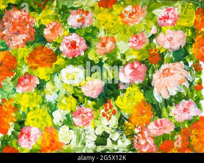 Abstrakte Malerei helle Blumen, original handgezeichnet, Impressionismus-Stil, Farbtextur, Pinselstriche der Farbe, Hintergrund der Kunst. Moderne Kunst. Contem Stockfoto