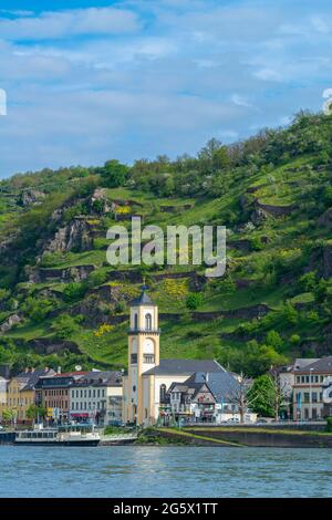 Kleinstadt St. Goarshausen an der Loreley, Oberes Mittelrheintal, UNESCO-Weltkulturerbe, Rheinland-Pfalz, Deutschland Stockfoto