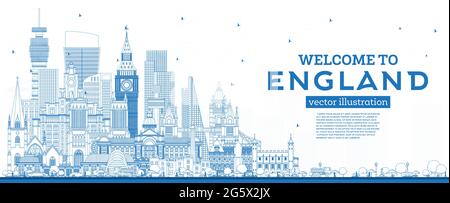Beschreibung Willkommen in der Skyline von England City mit blauen Gebäuden. Vektorgrafik. Konzept mit historischer Architektur. Stock Vektor