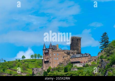 Schloss Katz aus dem 14. Jahrhundert, St. Goarshausen, Oberes Mittelrheintal, UNESCO-Weltkulturerbe, Rheinland-Pfalz, Deutschland Stockfoto