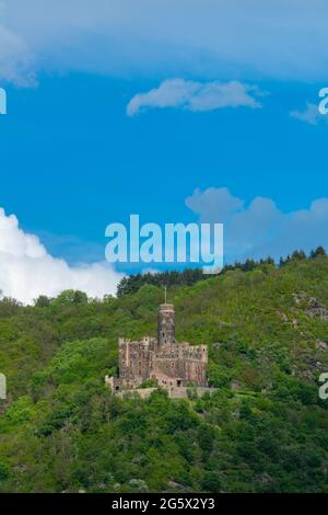 Mittelalterliche Burg Maus, heute in Privatbesitz, Oberes Mittelrheintal, UNESCO-Welterbe-Region, St. Goarshausen-Wellmich, Rheinland-Palati Stockfoto