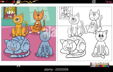 Cartoon-Illustration von Katzen und Kätzchen Tierfiguren Gruppe Malbuch Seite Stock Vektor