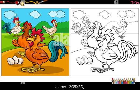 Cartoon Illustration von Hühnern Tier Charaktere Gruppe Färbung Buch Seite Stock Vektor