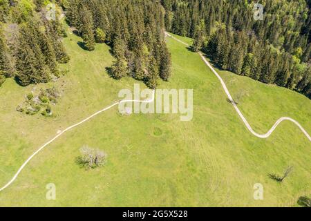 Luftbild, Wanderweg bei Oberjoch-Passstraße, Bad Hindelang, Allgau, Deutschland Stockfoto