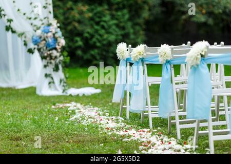 Hochzeitszeremonie Dekorationen: Stühle mit Bändern und Chrysanthemen, viele Blumen in weiß und blau Stil, auf einem Hintergrund von Grün Stockfoto