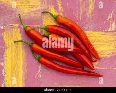 Grundrisse rote Chilischoten auf einem rosa-gelben, hölzernen Hintergrund. Stockfoto