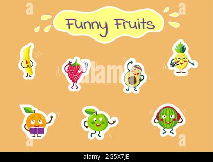 Sammlung von lustigen Obst-Aufkleber, Zeichen mit lustigen Gesichtern Stock Vektor