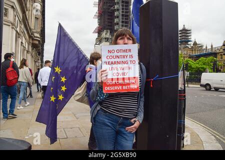 London, Großbritannien. Juni 2021. Anti-Brexit- und Anti-Tory-Demonstranten vor dem Parlamentsgebäude in Westminster. (Kredit: Vuk Valcic / Alamy Live News) Stockfoto