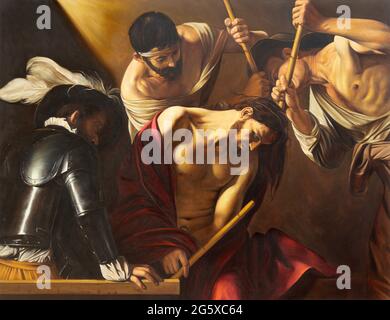 WIEN, AUSTIRA - 18. JUNI 2021: Das Gemälde der Dornenkrönung in der Rochuskirche als Kopie von Caravaggio eines unbekannten Künstlers. Stockfoto