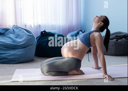 Schöne junge, schwanger Frau ist in Pilates verwickelt. Die werdende Mutter spielt Sport, während sie auf die Geburt eines Kindes wartet. Stockfoto