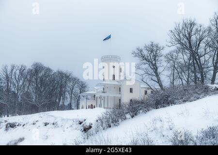 Schloss Keila-Joa (Schloss Fall), neogotisches Gebäude aus dem 19. Jahrhundert, das auf einem Hügel unter blauem Himmel steht. Winterlandschaft. Estland. Stockfoto