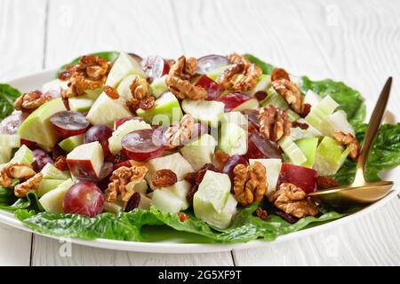 Waldorfsalat mit roten Trauben, Sellerie, frischem grünen Apfel, Walnüssen, Rosinen auf einem Block frischer Salatblätter auf einem weißen Teller auf einem Holztisch, Stockfoto