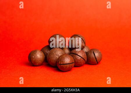 Macadamianuss auf rotem Grund. Leckere und gesunde Nuss. Stockfoto