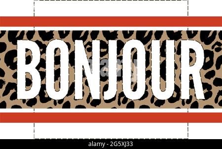 Dekorativer BONJOUR HELLO Text mit Leopardenhaut Stock Vektor