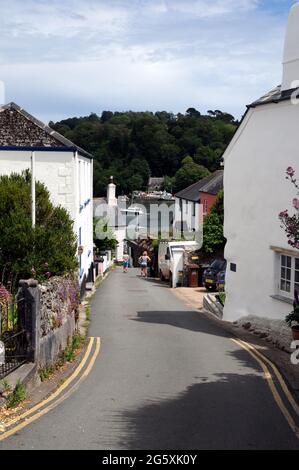 Die steilen, engen Straßen des Dorfes Dittisham in Devon führen hinunter zum Steg und zum Vorland. Dittisham ist ein beliebtes Touristenziel. Stockfoto