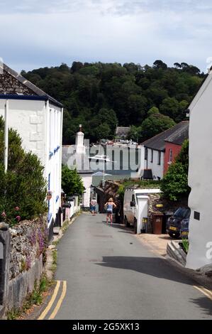 Die steilen, engen Straßen des Dorfes Dittisham in Devon führen hinunter zum Steg und zum Vorland. Dittisham ist ein beliebtes Touristenziel. Stockfoto