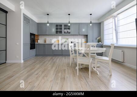 Trendy grau und weiß moderne Küchenmöbel in Studio-Apartment Stockfoto