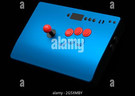 Vintage-Arcade-Stick mit Joystick und Knöpfen in Turnierqualität auf Schwarz Stockfoto