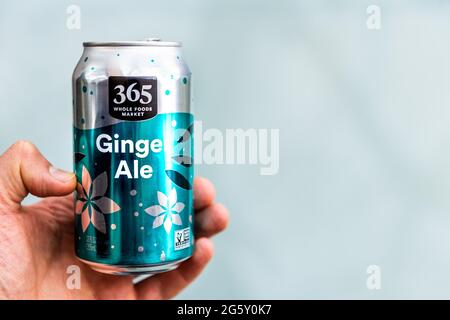 Nellysford, USA - 29. April 2021: Nahaufnahme des Schildes für die Marke Whole Foods 365, Ginger Ale, Aluminium-Dose mit Handgriff Stockfoto