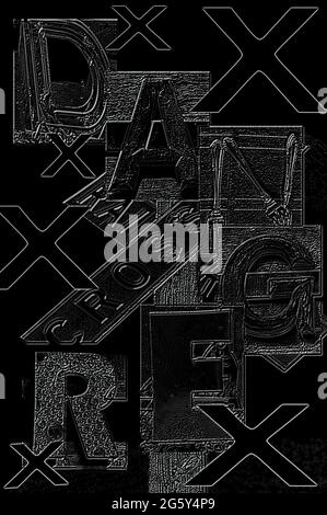 Grafische Darstellung des schwarzen Todes, der sich hinter der Gefahr und Warnung an Eisenbahnübergängen versteckt. Stockfoto