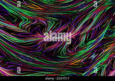 Lasershow Gone Wild zeigt Lichter, Linien und Neonlichter. Regenbogenfarben Streifen und wirbeln über das Grafikbild. Stockfoto