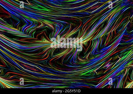 Lasershow Gone Wild zeigt Lichter, Linien und Neonlichter. Regenbogenfarben Streifen und wirbeln über das Grafikbild. Stockfoto