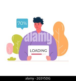 Junge männliche Figur mit Plakat mit Fortschrittsbalken. System-Update und Datei-Upload-Konzept. Banner-Vektor für Eco-Webseite wird geladen Stock Vektor