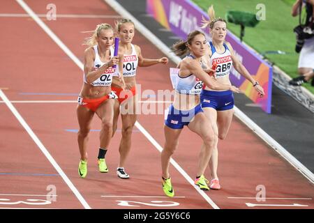 4x400 Staffelfrauen: Großbritannien (Silbermedaille) und Polen (Bronzemedaille). IAAF World Championships London 2017 Stockfoto