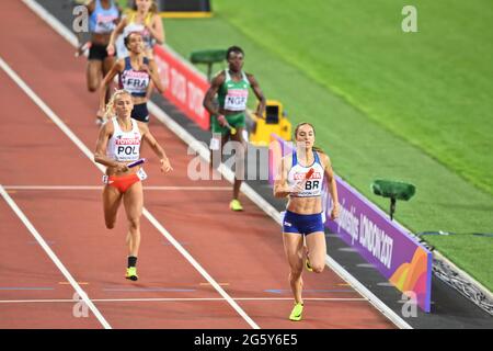 4x400 Staffelfrauen: Großbritannien (Silbermedaille) und Polen (Bronzemedaille). IAAF World Championships London 2017 Stockfoto